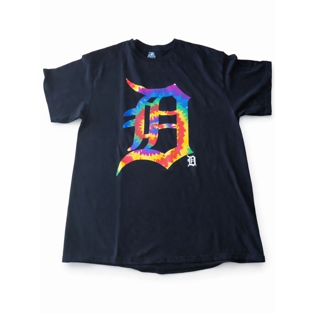 Detroit Tigers Tie Dye Black Graphic Tee Rainbow Logo MLB Streetwear Men L